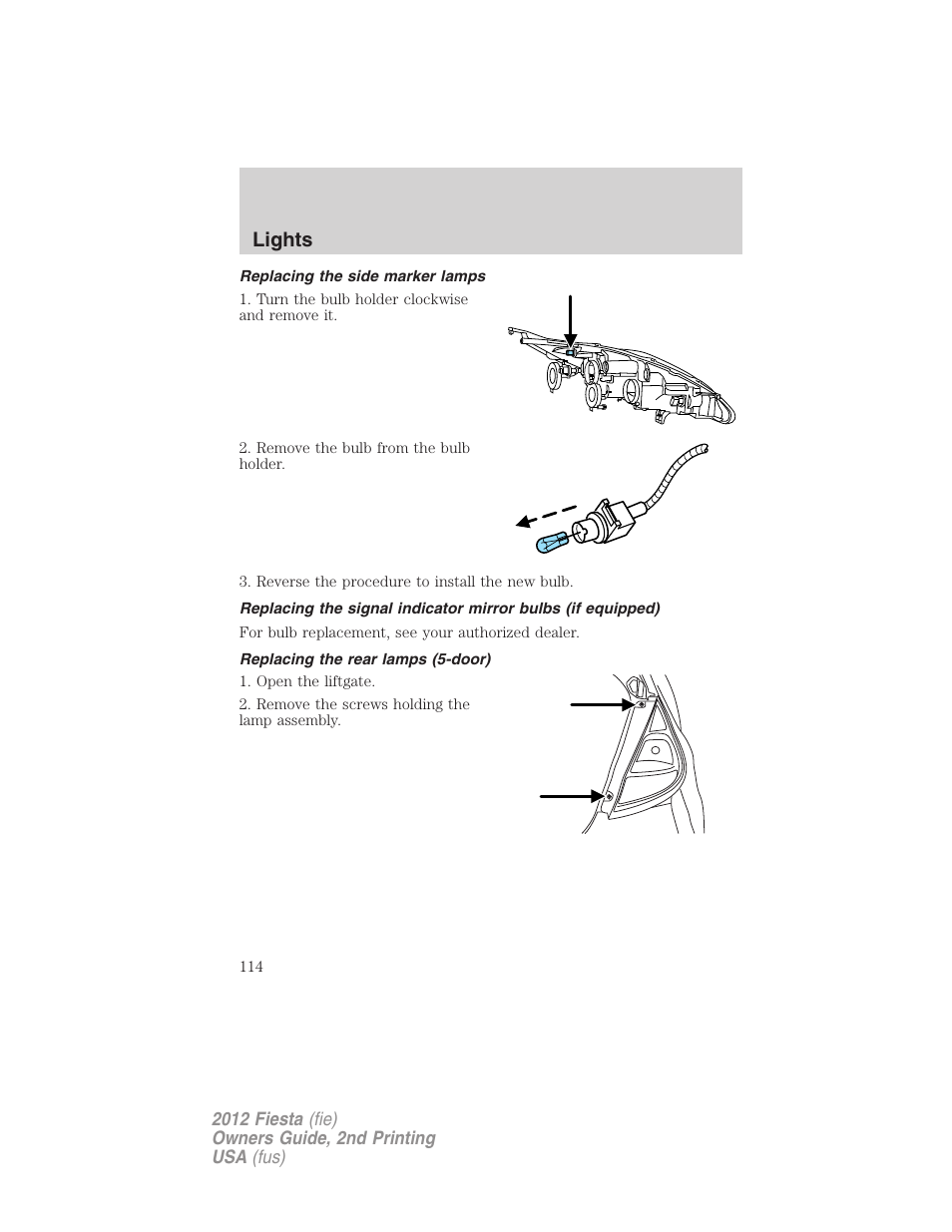 Replacing the side marker lamps, Replacing the rear lamps (5-door), Lights | FORD 2012 Fiesta v.2 User Manual | Page 114 / 356