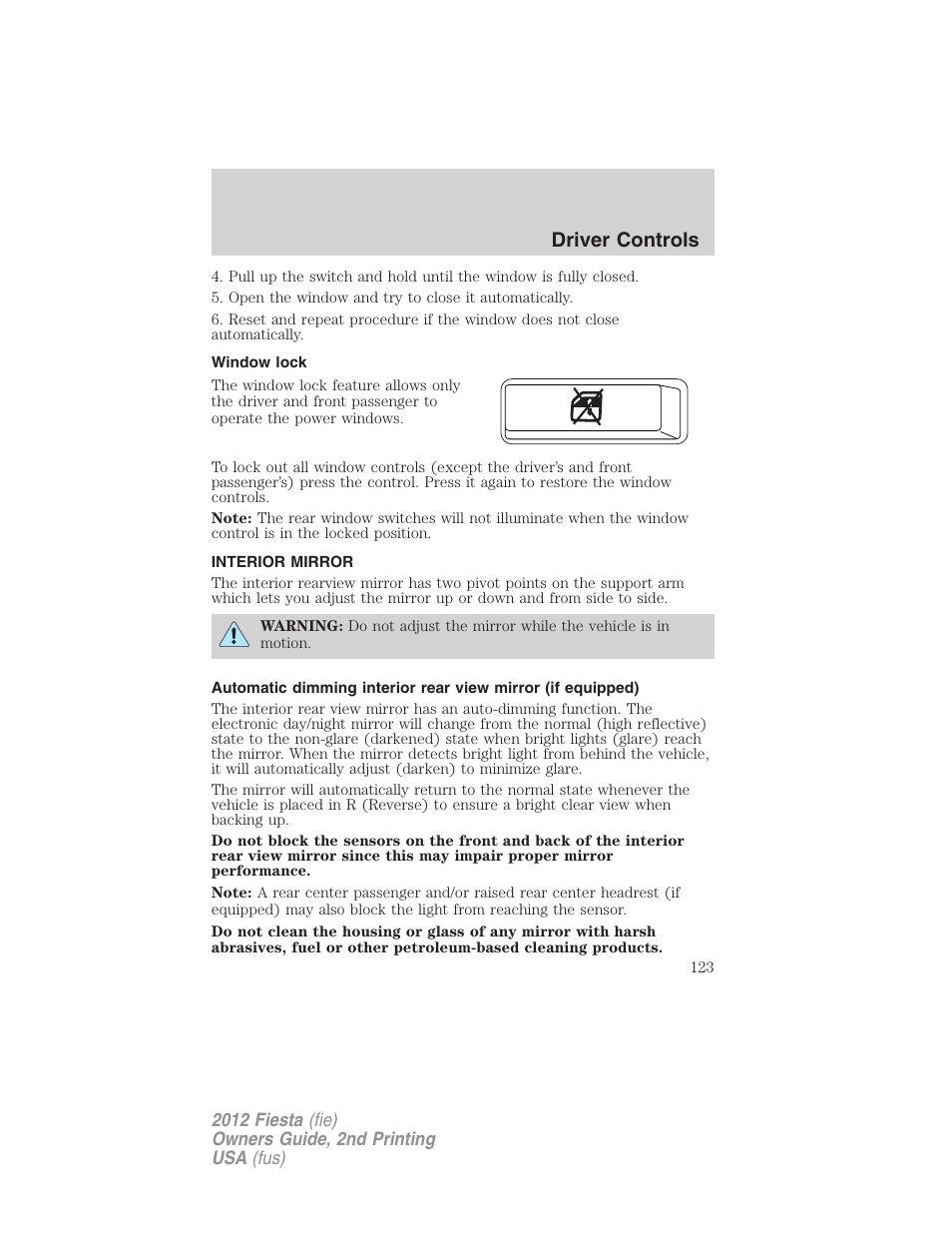 Window lock, Interior mirror, Mirrors | Driver controls | FORD 2012 Fiesta v.2 User Manual | Page 123 / 356
