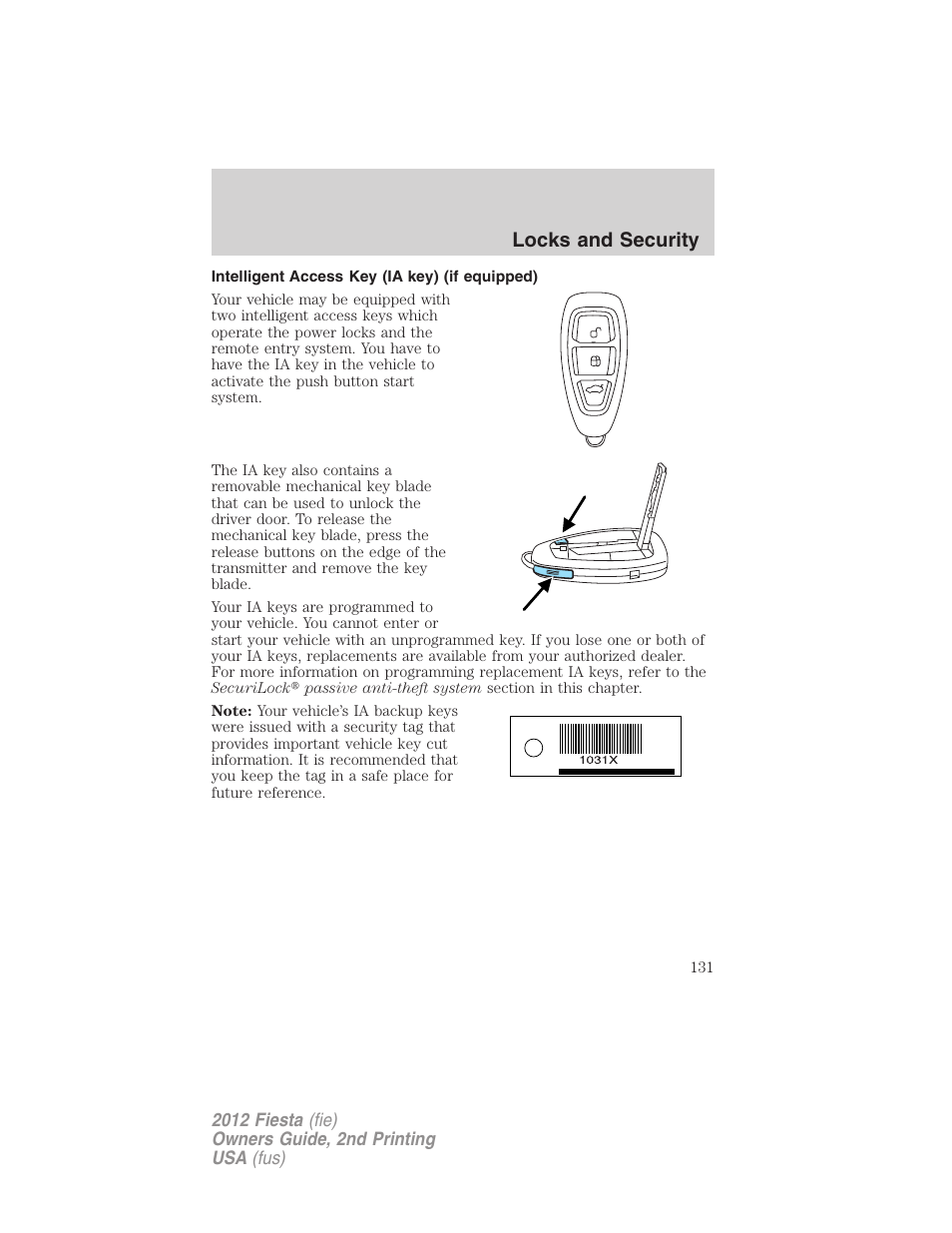 Intelligent access key (ia key) (if equipped), Locks and security | FORD 2012 Fiesta v.2 User Manual | Page 131 / 356