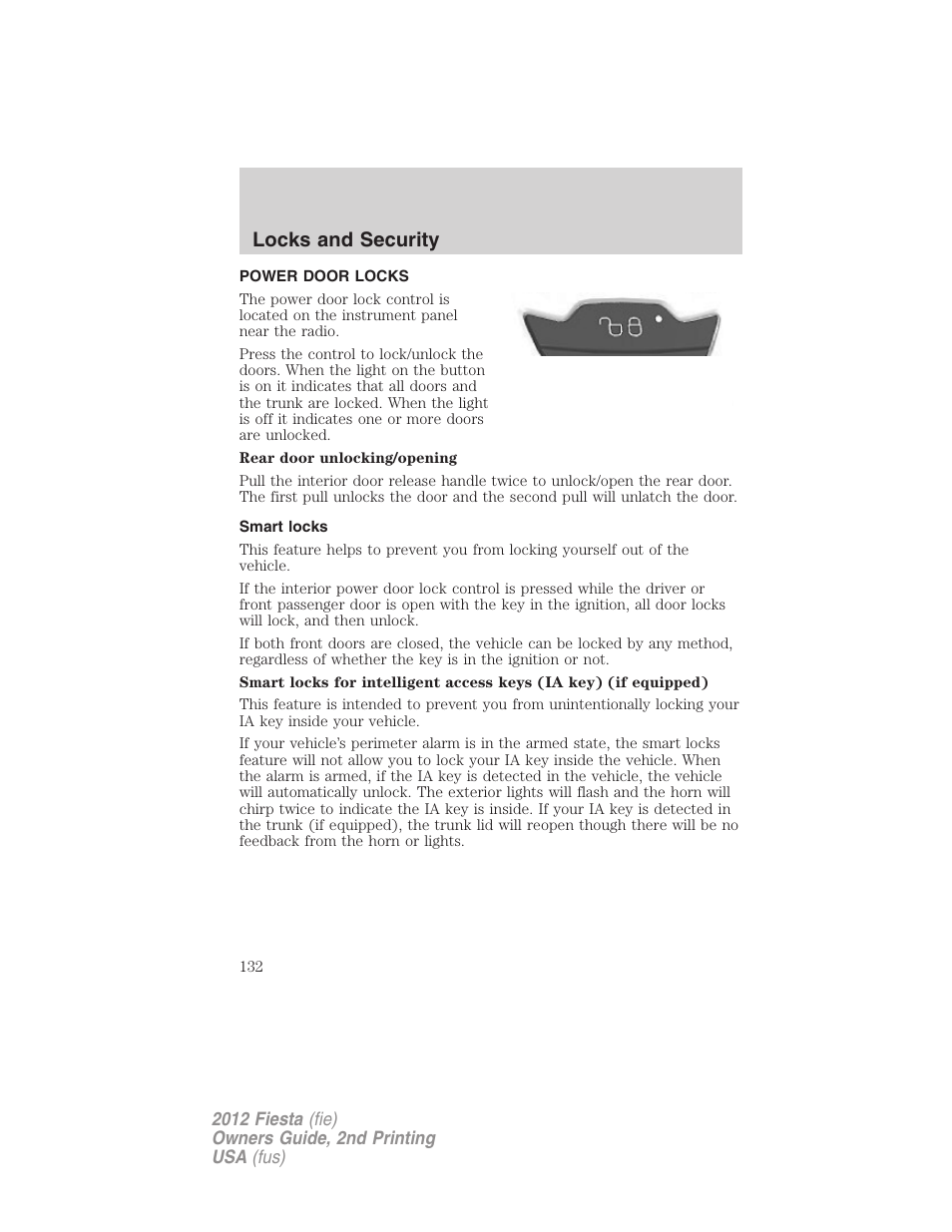 Power door locks, Smart locks, Locks | Locks and security | FORD 2012 Fiesta v.2 User Manual | Page 132 / 356