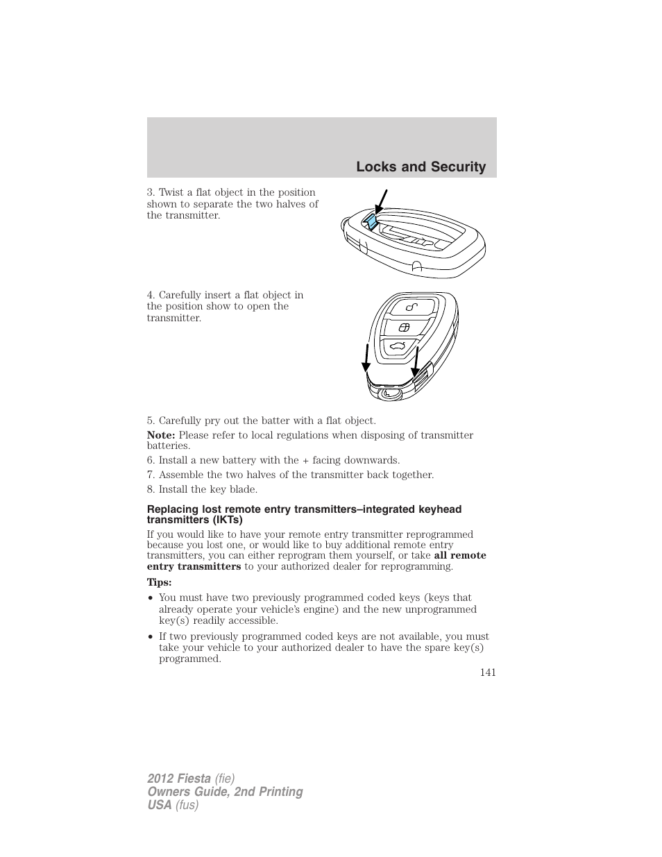 Locks and security | FORD 2012 Fiesta v.2 User Manual | Page 141 / 356