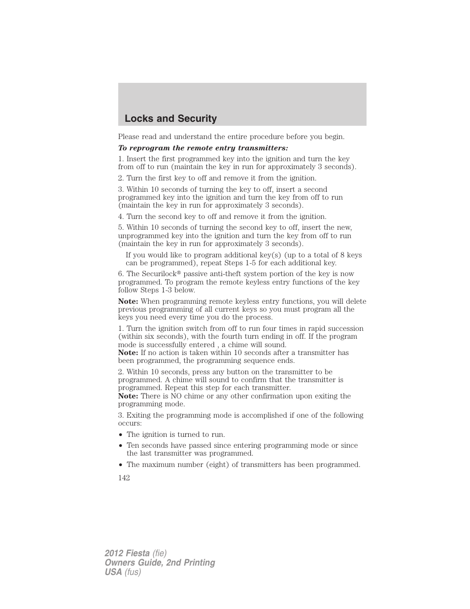 Locks and security | FORD 2012 Fiesta v.2 User Manual | Page 142 / 356