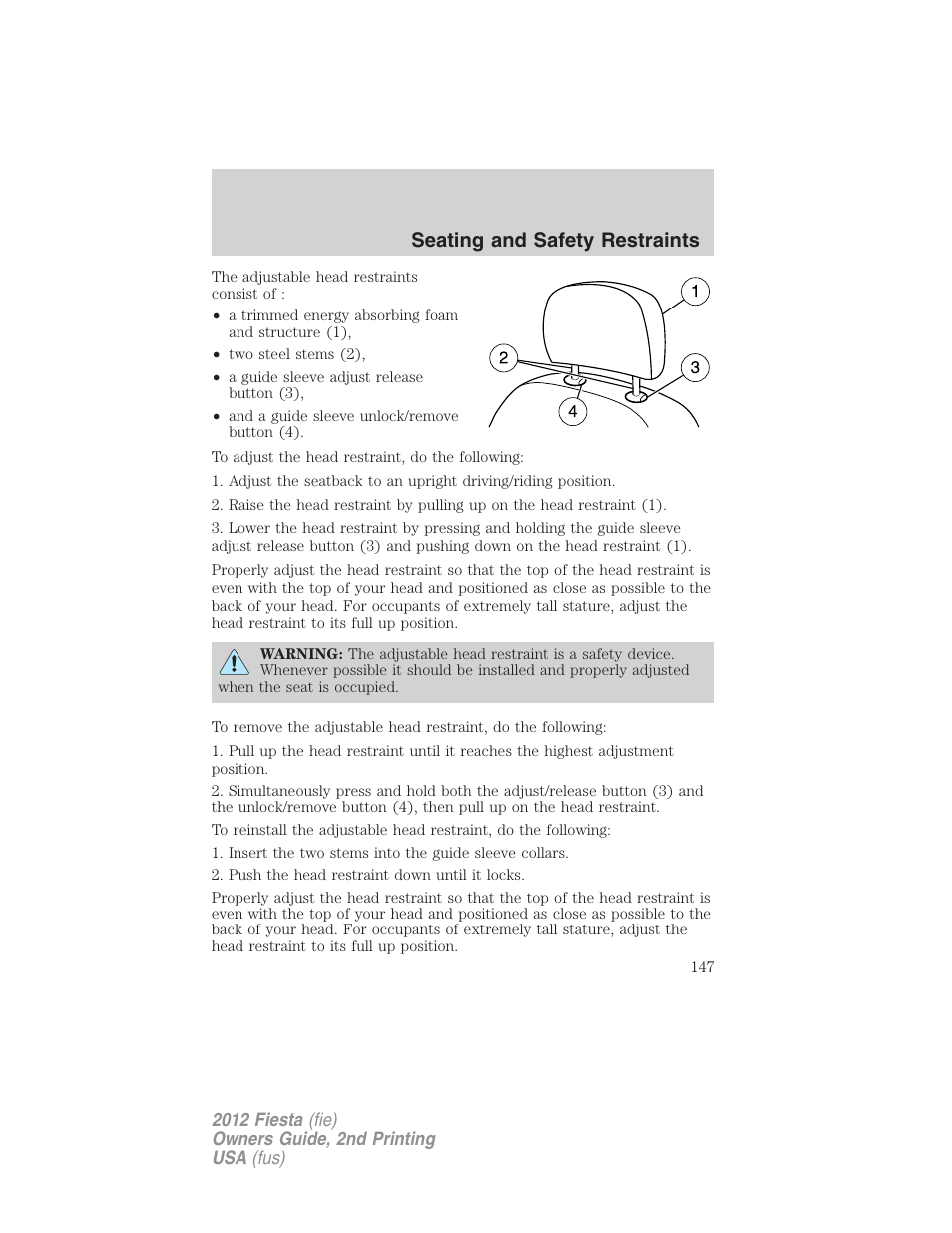 Seating and safety restraints | FORD 2012 Fiesta v.2 User Manual | Page 147 / 356