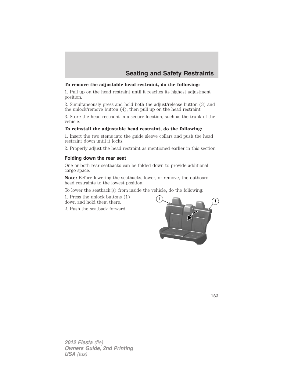 Folding down the rear seat, Seating and safety restraints | FORD 2012 Fiesta v.2 User Manual | Page 153 / 356