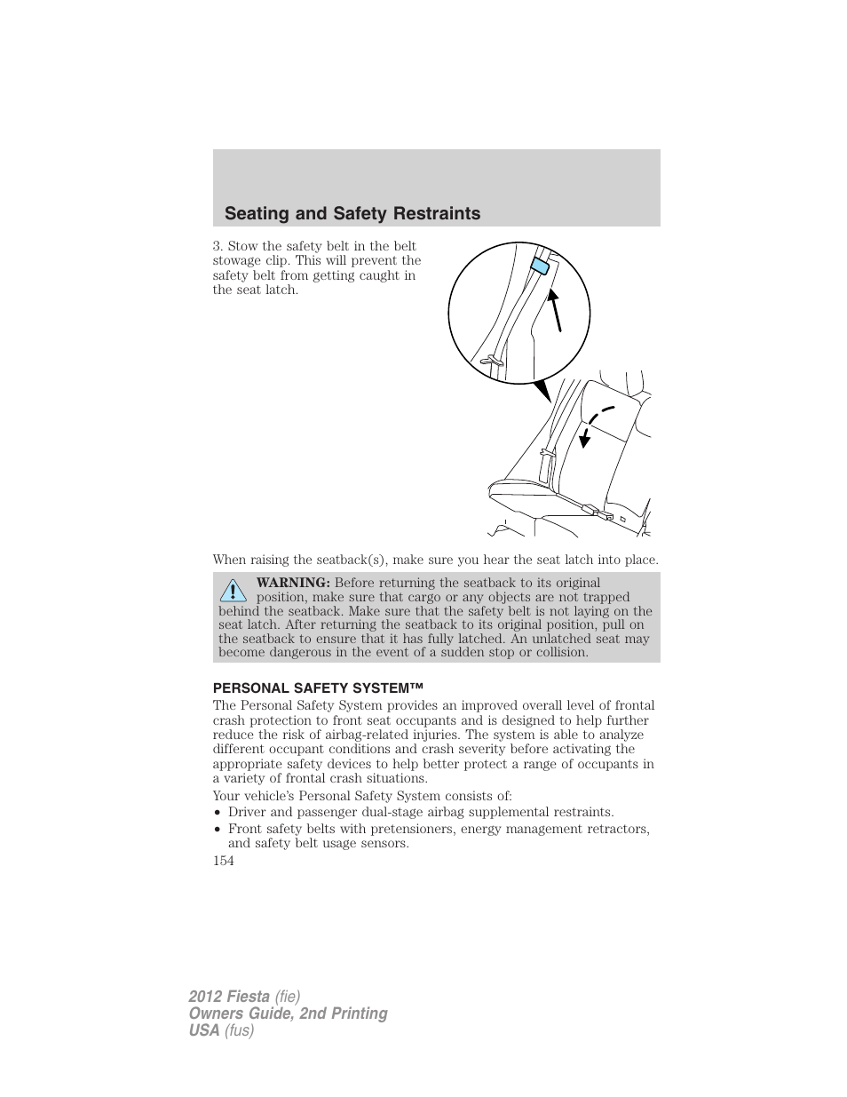 Personal safety system, Seating and safety restraints | FORD 2012 Fiesta v.2 User Manual | Page 154 / 356