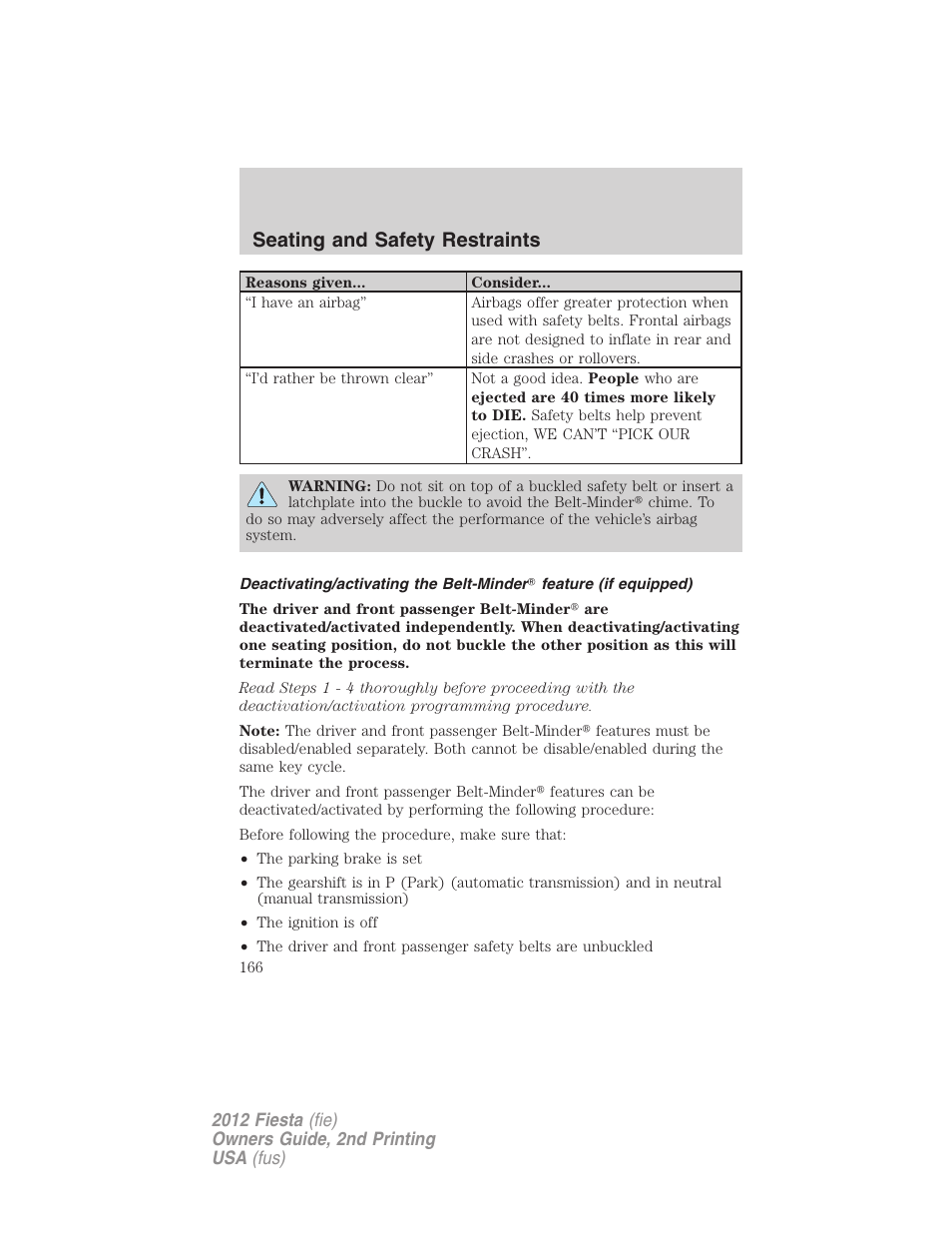 Seating and safety restraints | FORD 2012 Fiesta v.2 User Manual | Page 166 / 356