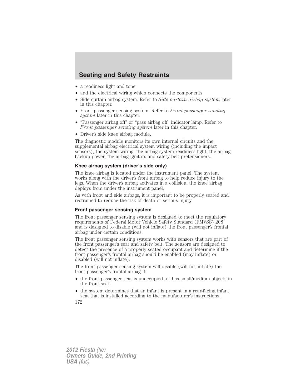 Knee airbag system (driver’s side only), Front passenger sensing system, Seating and safety restraints | FORD 2012 Fiesta v.2 User Manual | Page 172 / 356