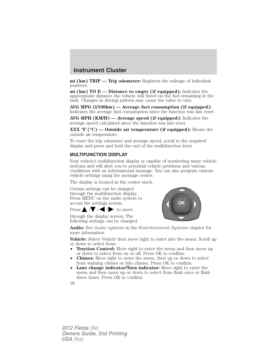 Multifunction display, Message center, Instrument cluster | FORD 2012 Fiesta v.2 User Manual | Page 18 / 356