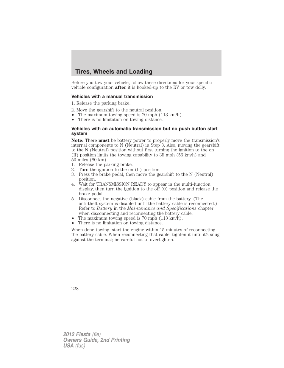 Vehicles with a manual transmission, Tires, wheels and loading | FORD 2012 Fiesta v.2 User Manual | Page 228 / 356