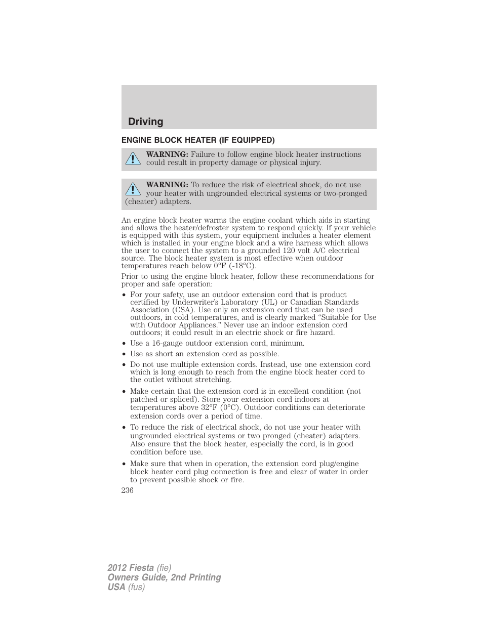Engine block heater (if equipped), Driving | FORD 2012 Fiesta v.2 User Manual | Page 236 / 356