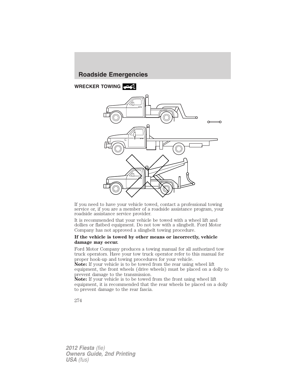 Wrecker towing, Roadside emergencies | FORD 2012 Fiesta v.2 User Manual | Page 274 / 356