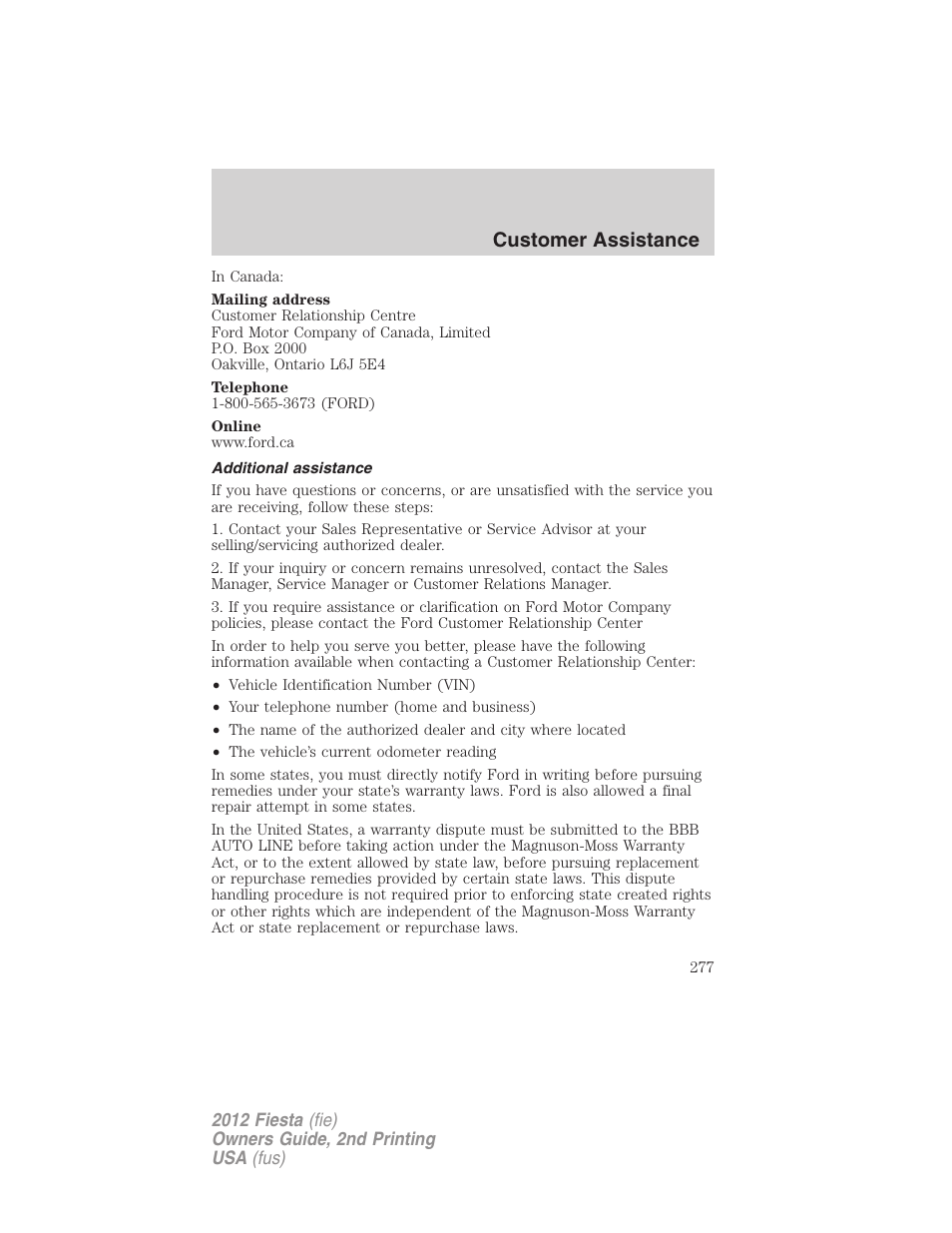 Additional assistance, Customer assistance | FORD 2012 Fiesta v.2 User Manual | Page 277 / 356