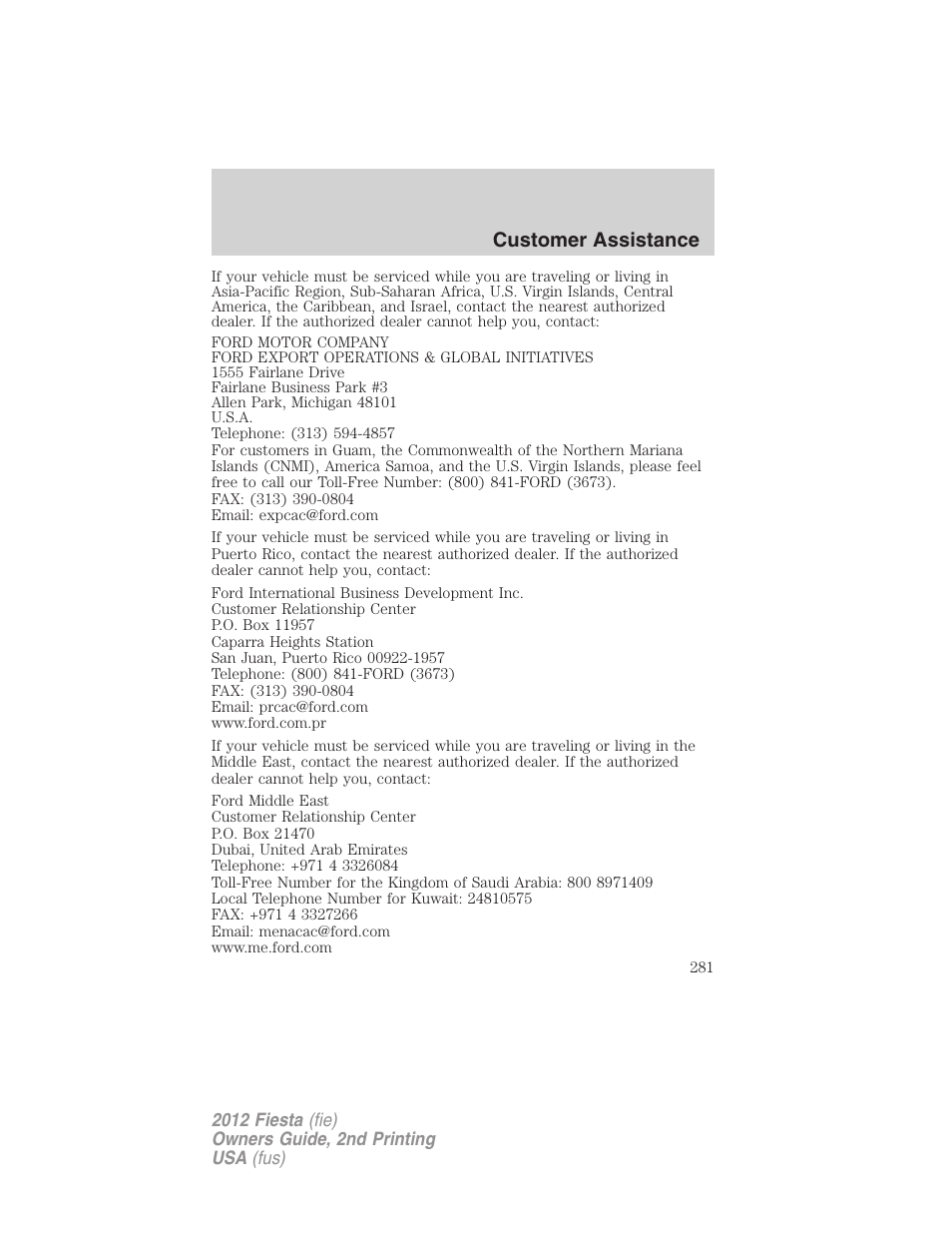 Customer assistance | FORD 2012 Fiesta v.2 User Manual | Page 281 / 356