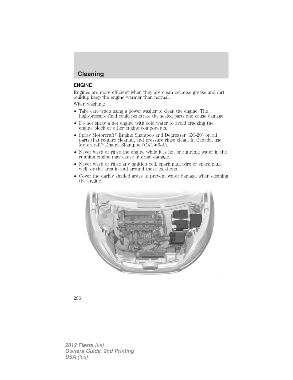 Engine, Cleaning | FORD 2012 Fiesta v.2 User Manual | Page 286 / 356