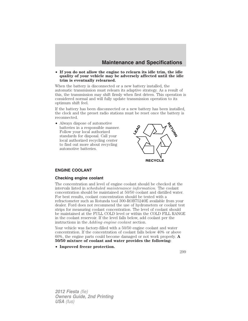 Engine coolant, Checking engine coolant, Maintenance and specifications | FORD 2012 Fiesta v.2 User Manual | Page 299 / 356