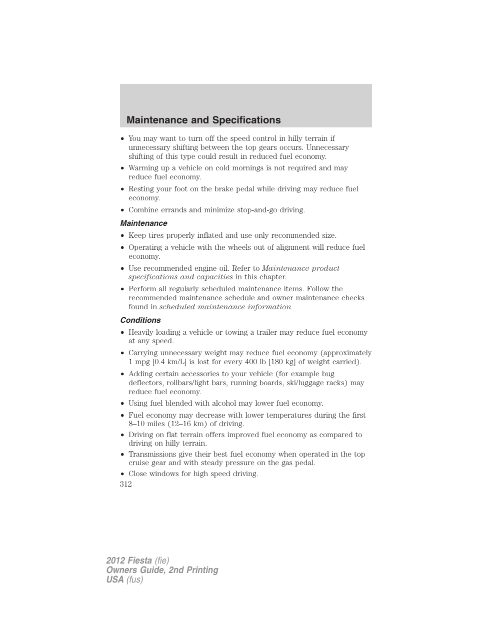 Maintenance, Conditions, Maintenance and specifications | FORD 2012 Fiesta v.2 User Manual | Page 312 / 356