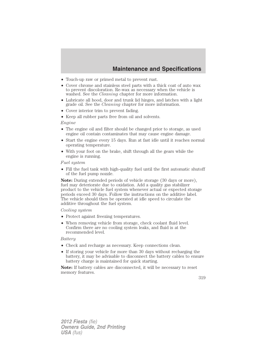 Maintenance and specifications | FORD 2012 Fiesta v.2 User Manual | Page 319 / 356