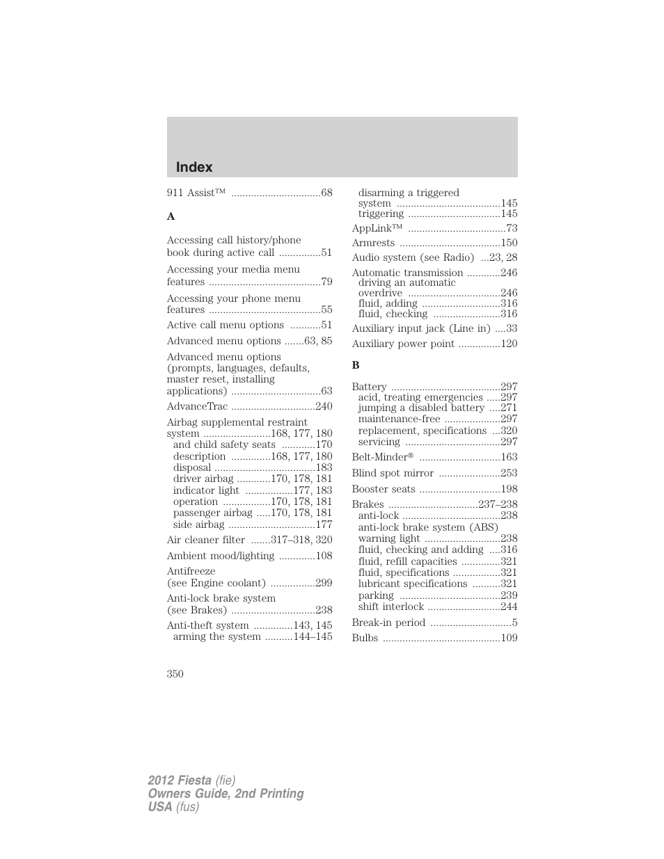 Index | FORD 2012 Fiesta v.2 User Manual | Page 350 / 356