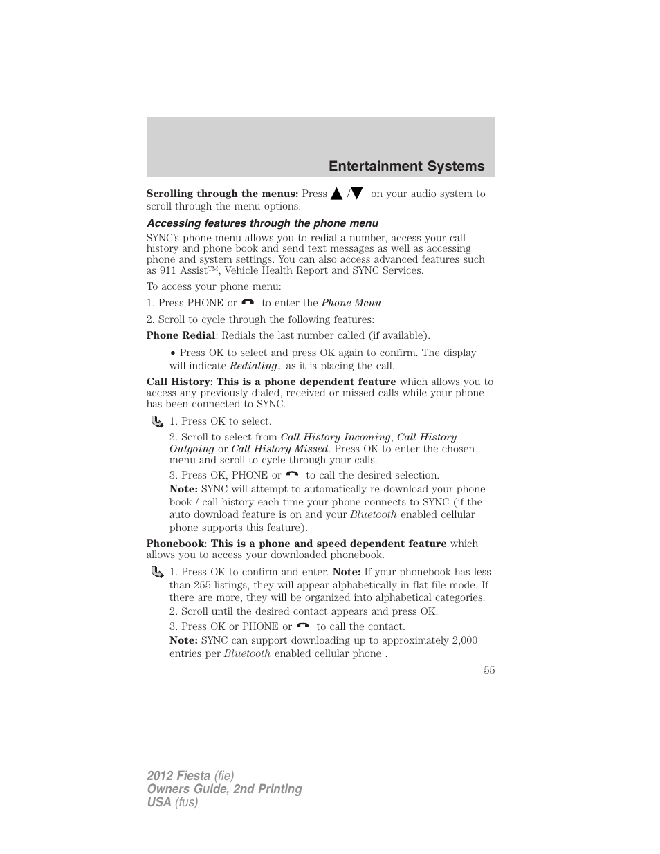 Accessing features through the phone menu, Entertainment systems | FORD 2012 Fiesta v.2 User Manual | Page 55 / 356