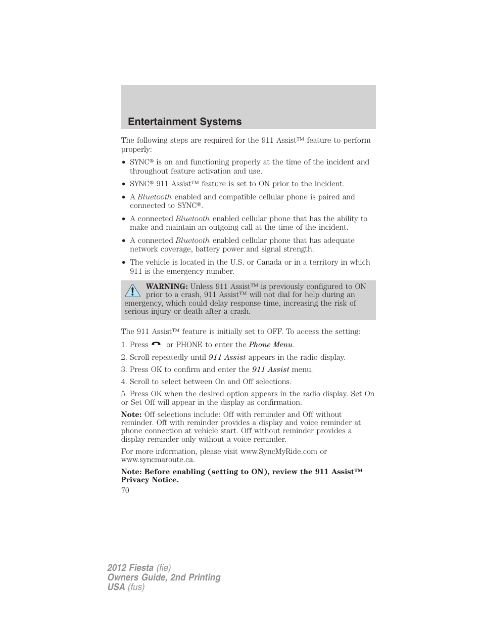 Entertainment systems | FORD 2012 Fiesta v.2 User Manual | Page 70 / 356