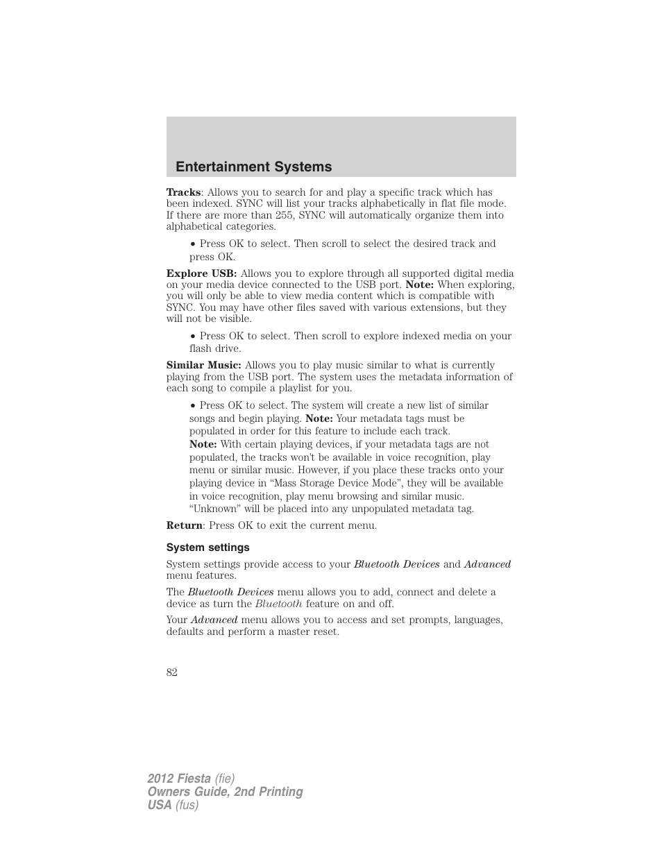 System settings, Entertainment systems | FORD 2012 Fiesta v.2 User Manual | Page 82 / 356