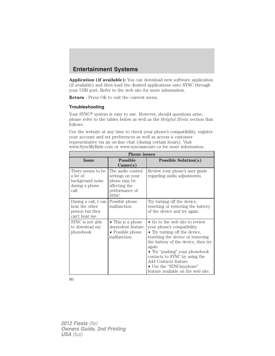 Troubleshooting, Entertainment systems | FORD 2012 Fiesta v.2 User Manual | Page 86 / 356