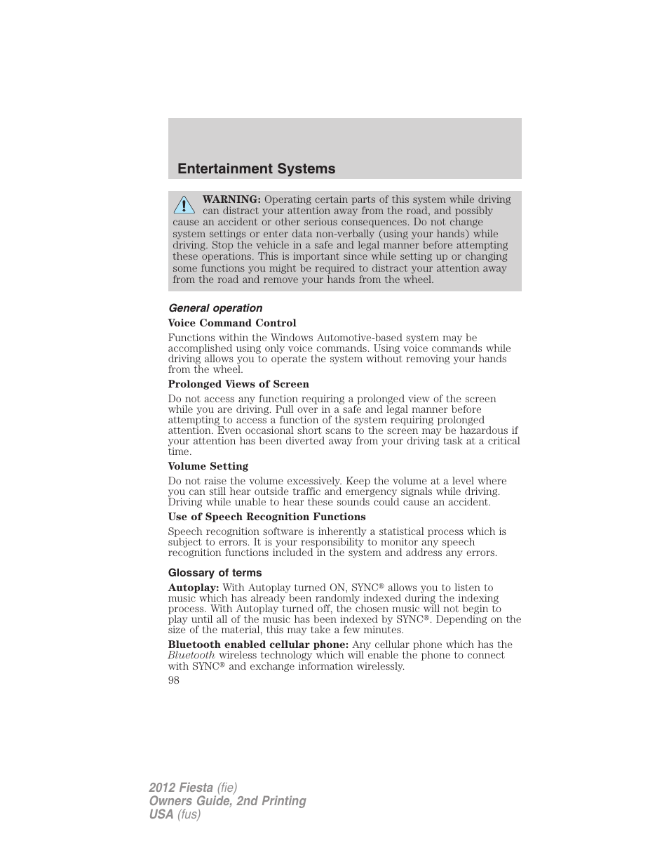 General operation, Glossary of terms, Entertainment systems | FORD 2012 Fiesta v.2 User Manual | Page 98 / 356