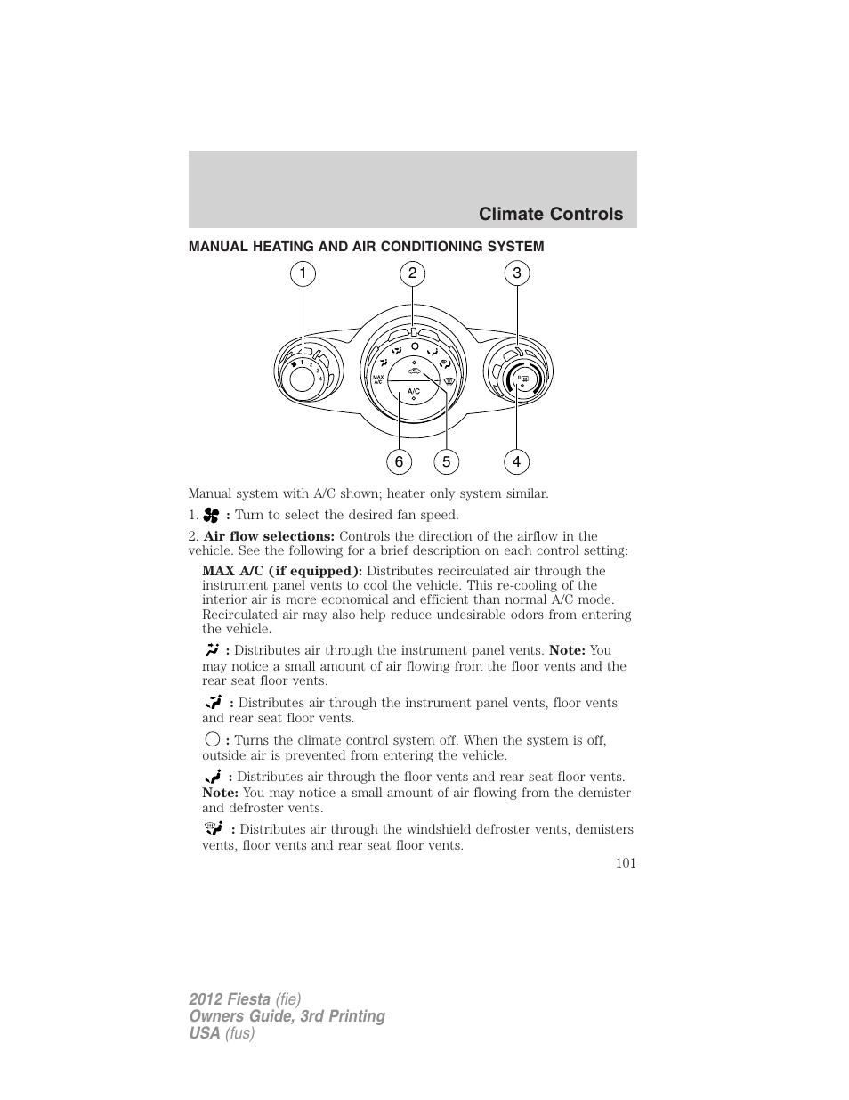 Climate controls, Manual heating and air conditioning system, Manual heating and air conditioning | FORD 2012 Fiesta v.3 User Manual | Page 101 / 360