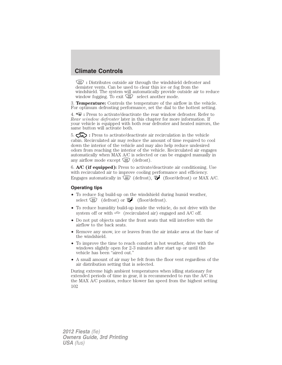 Operating tips, Climate controls | FORD 2012 Fiesta v.3 User Manual | Page 102 / 360