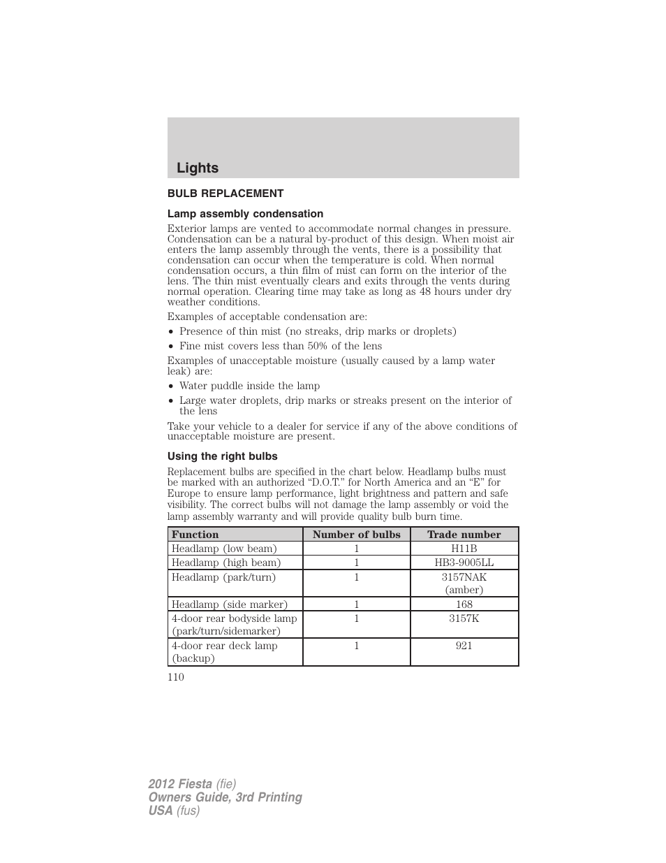 Bulb replacement, Lamp assembly condensation, Using the right bulbs | Lights | FORD 2012 Fiesta v.3 User Manual | Page 110 / 360