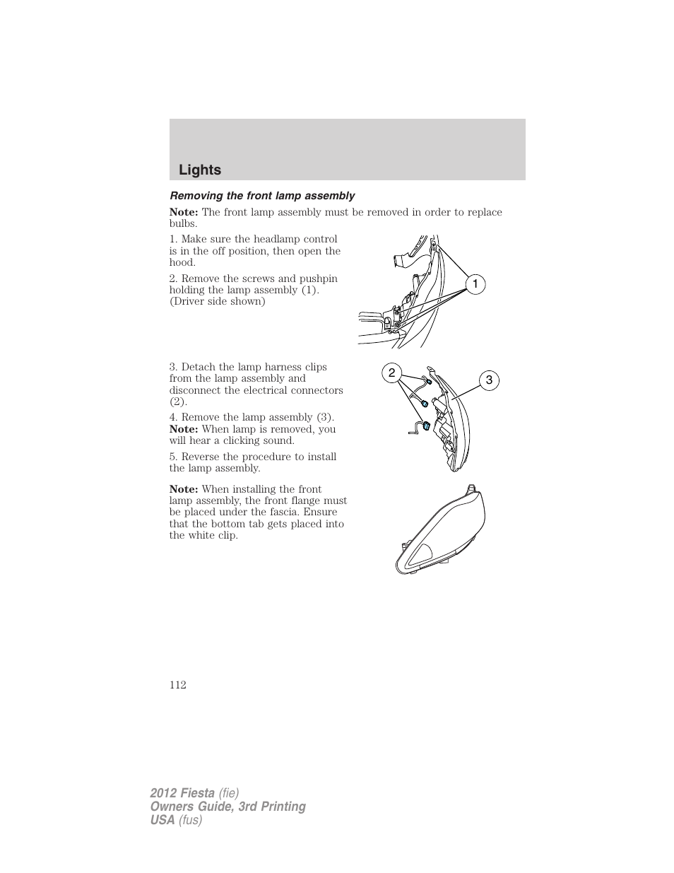 Removing the front lamp assembly, Lights | FORD 2012 Fiesta v.3 User Manual | Page 112 / 360