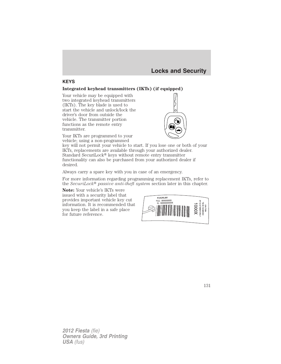 Locks and security, Keys | FORD 2012 Fiesta v.3 User Manual | Page 131 / 360