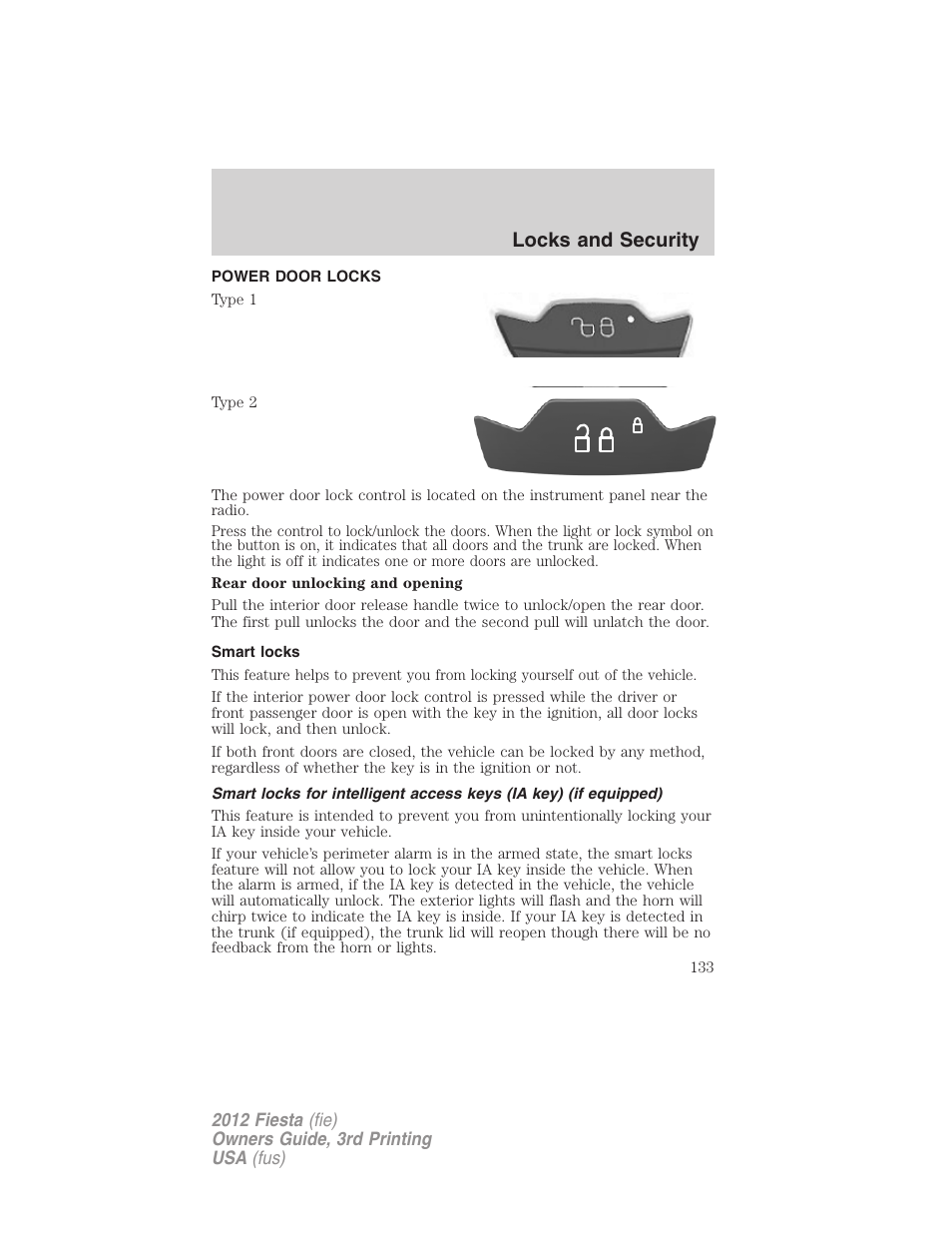 Power door locks, Smart locks, Locks | Locks and security | FORD 2012 Fiesta v.3 User Manual | Page 133 / 360