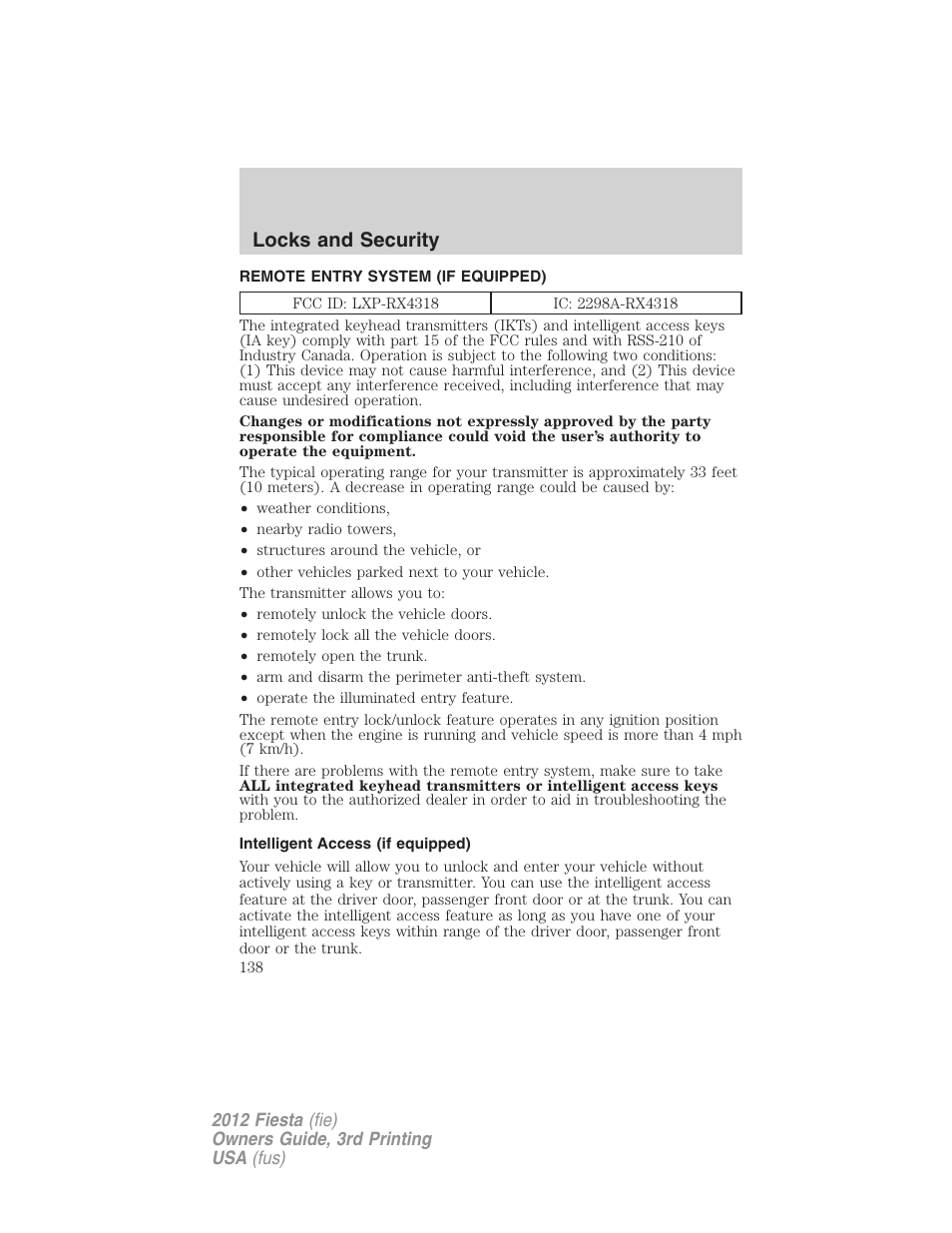 Remote entry system (if equipped), Intelligent access (if equipped), Locks and security | FORD 2012 Fiesta v.3 User Manual | Page 138 / 360