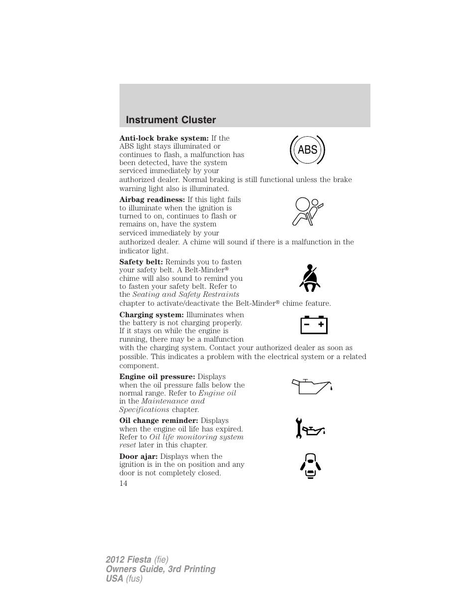 Instrument cluster | FORD 2012 Fiesta v.3 User Manual | Page 14 / 360