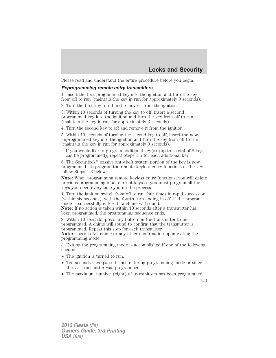 Reprogramming remote entry transmitters, Locks and security | FORD 2012 Fiesta v.3 User Manual | Page 143 / 360