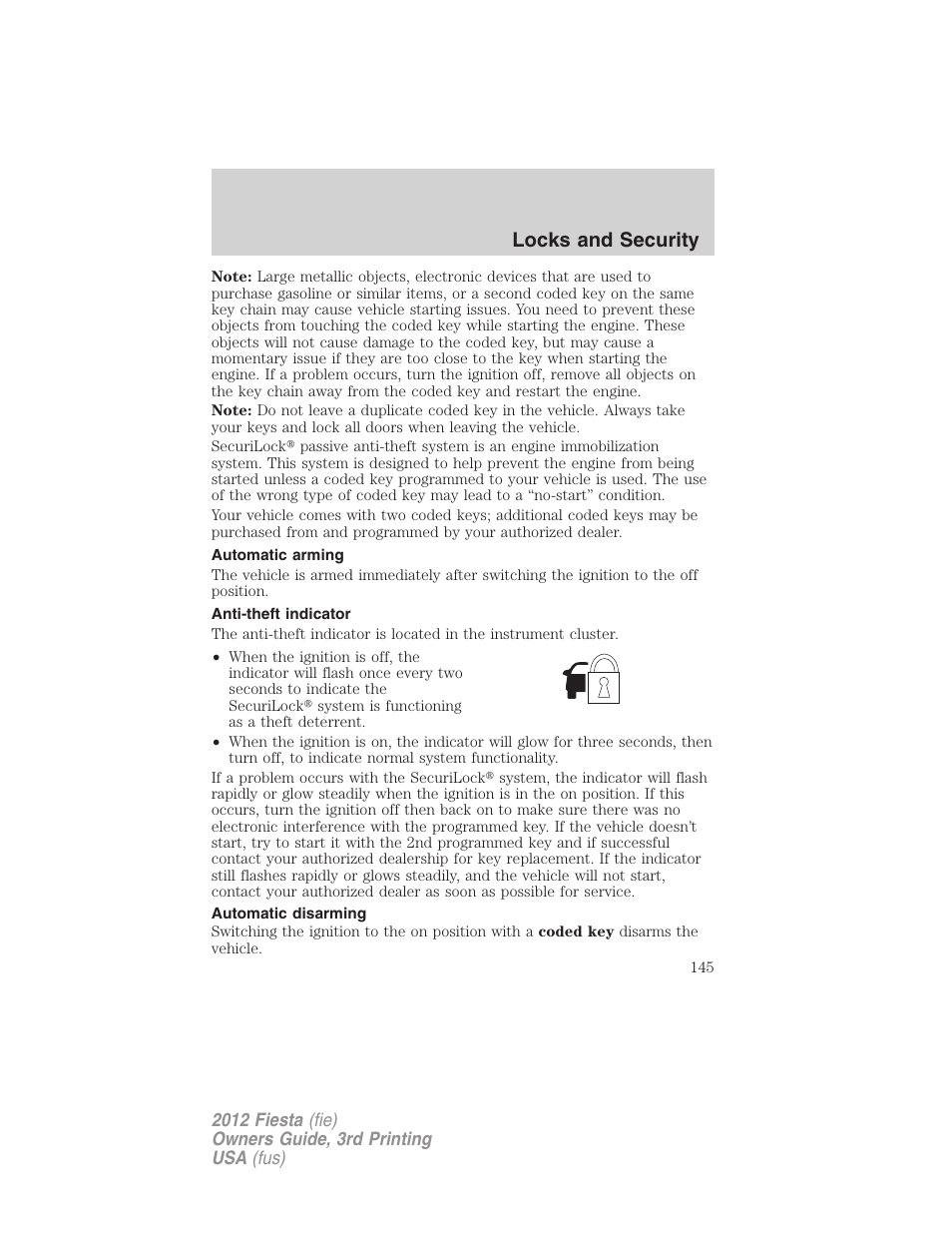 Automatic arming, Anti-theft indicator, Automatic disarming | Locks and security | FORD 2012 Fiesta v.3 User Manual | Page 145 / 360