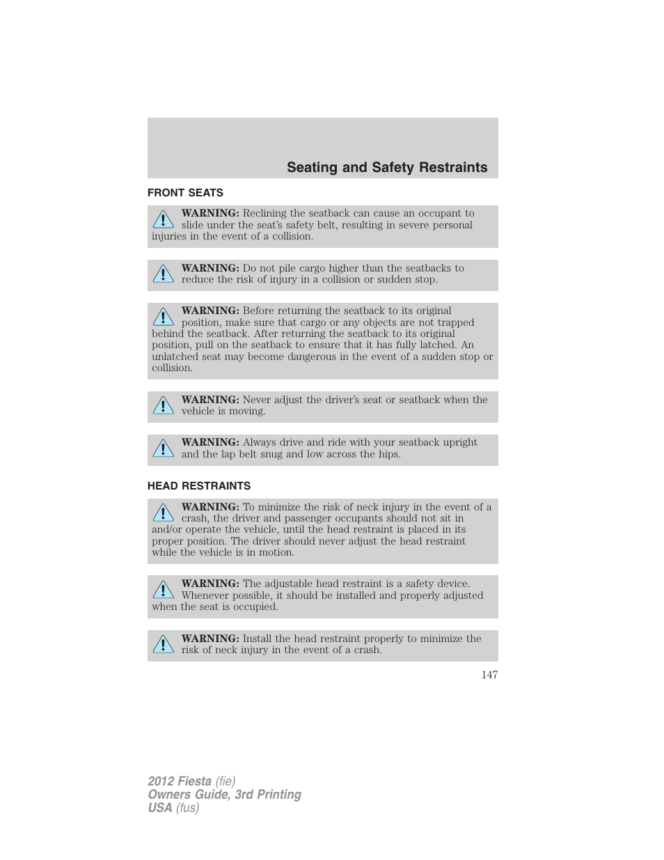 Seating and safety restraints, Front seats, Head restraints | Seating | FORD 2012 Fiesta v.3 User Manual | Page 147 / 360