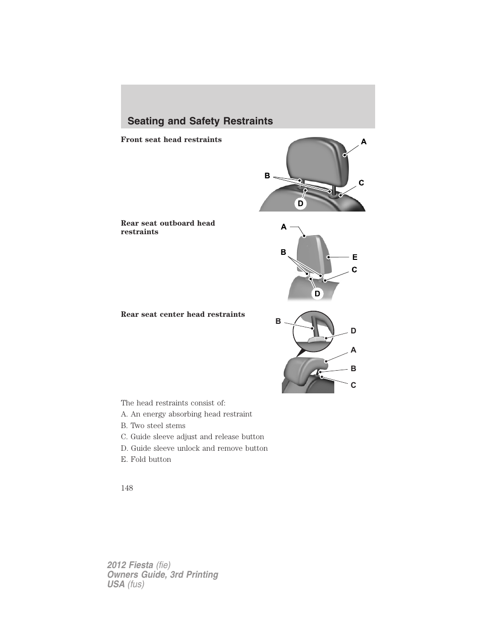 Seating and safety restraints | FORD 2012 Fiesta v.3 User Manual | Page 148 / 360
