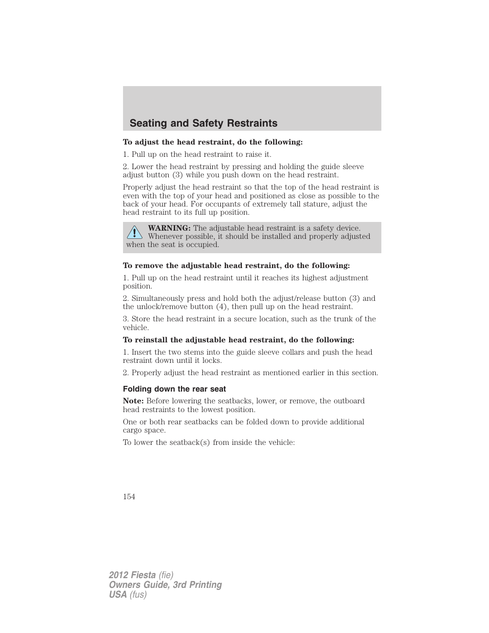 Folding down the rear seat, Seating and safety restraints | FORD 2012 Fiesta v.3 User Manual | Page 154 / 360