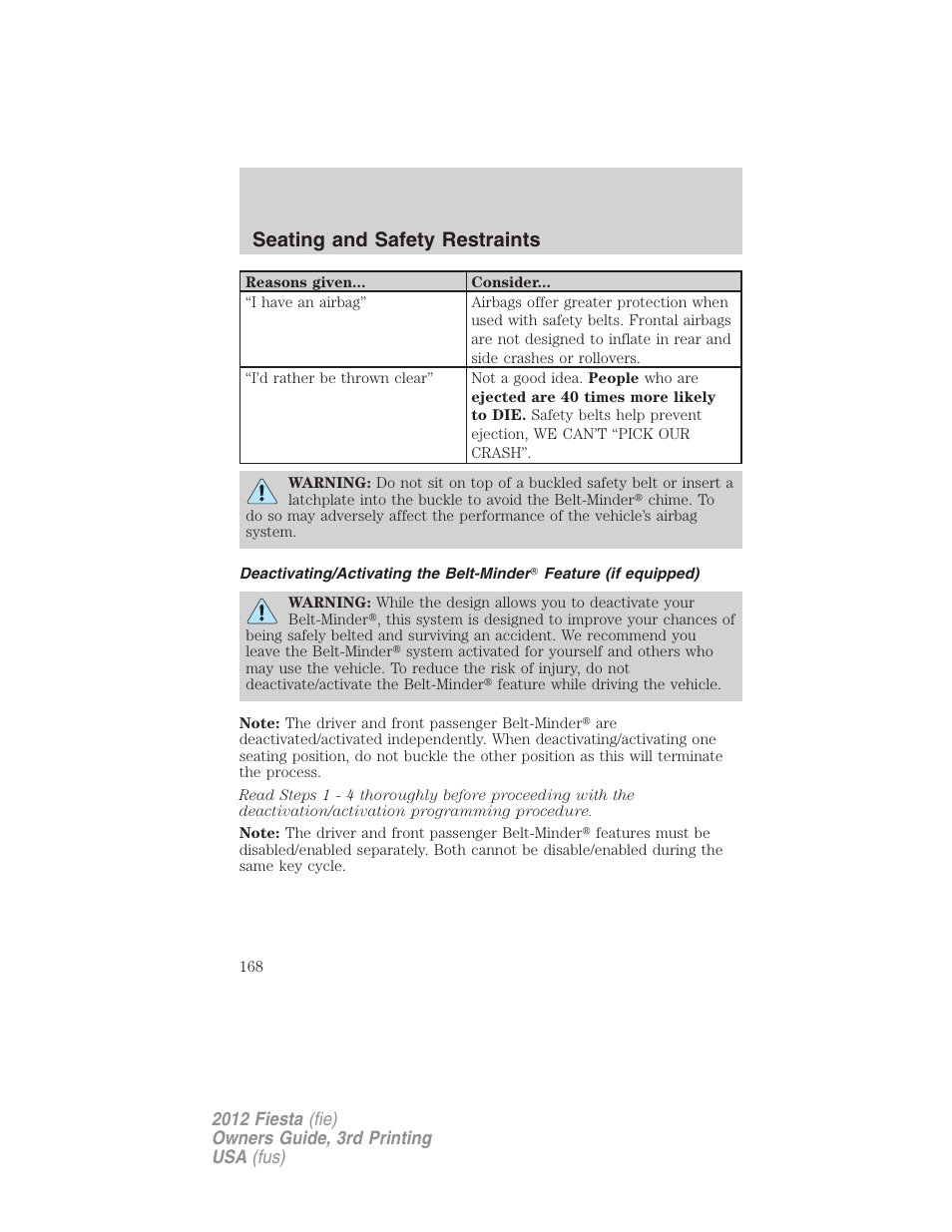 Seating and safety restraints | FORD 2012 Fiesta v.3 User Manual | Page 168 / 360