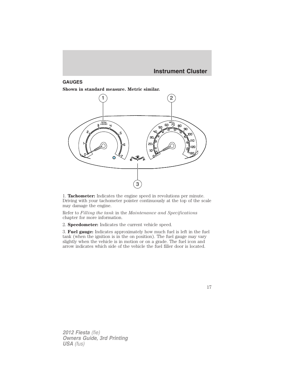 Gauges, Instrument cluster | FORD 2012 Fiesta v.3 User Manual | Page 17 / 360