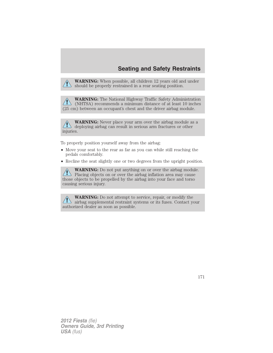 Seating and safety restraints | FORD 2012 Fiesta v.3 User Manual | Page 171 / 360