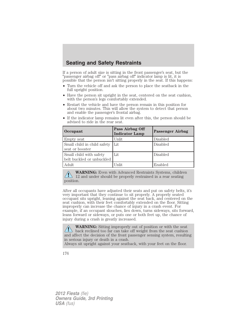 Seating and safety restraints | FORD 2012 Fiesta v.3 User Manual | Page 176 / 360