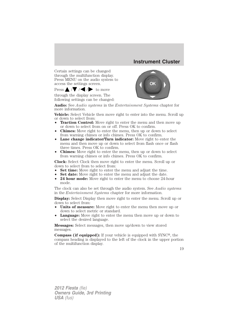 Information messages, Multifunction display, Instrument cluster | FORD 2012 Fiesta v.3 User Manual | Page 19 / 360