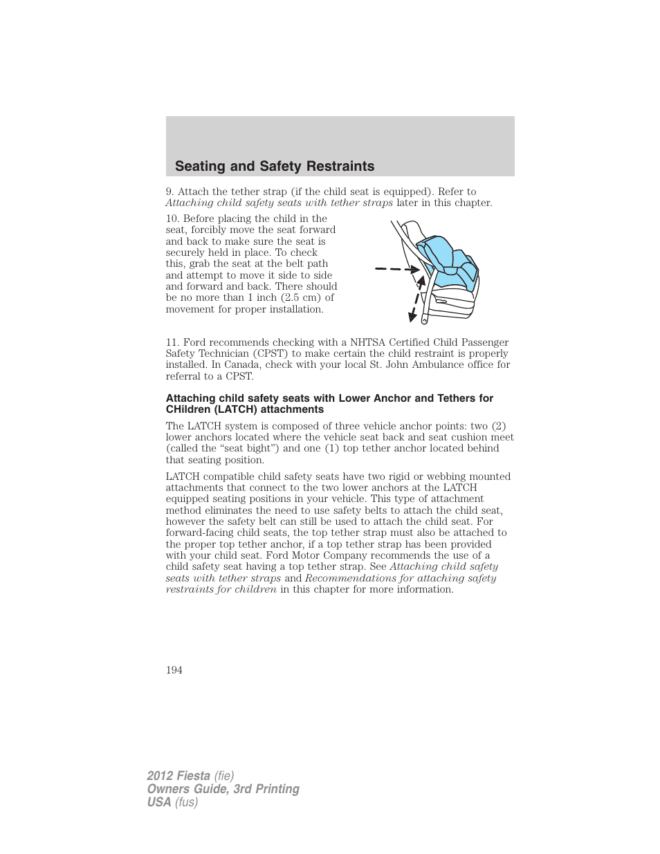 Seating and safety restraints | FORD 2012 Fiesta v.3 User Manual | Page 194 / 360