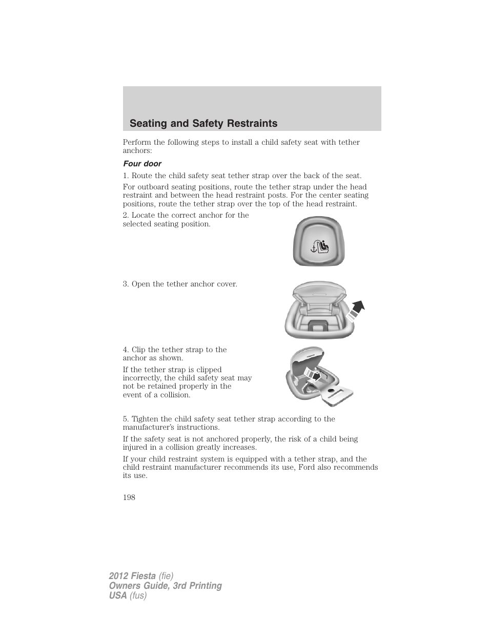 Four door, Seating and safety restraints | FORD 2012 Fiesta v.3 User Manual | Page 198 / 360