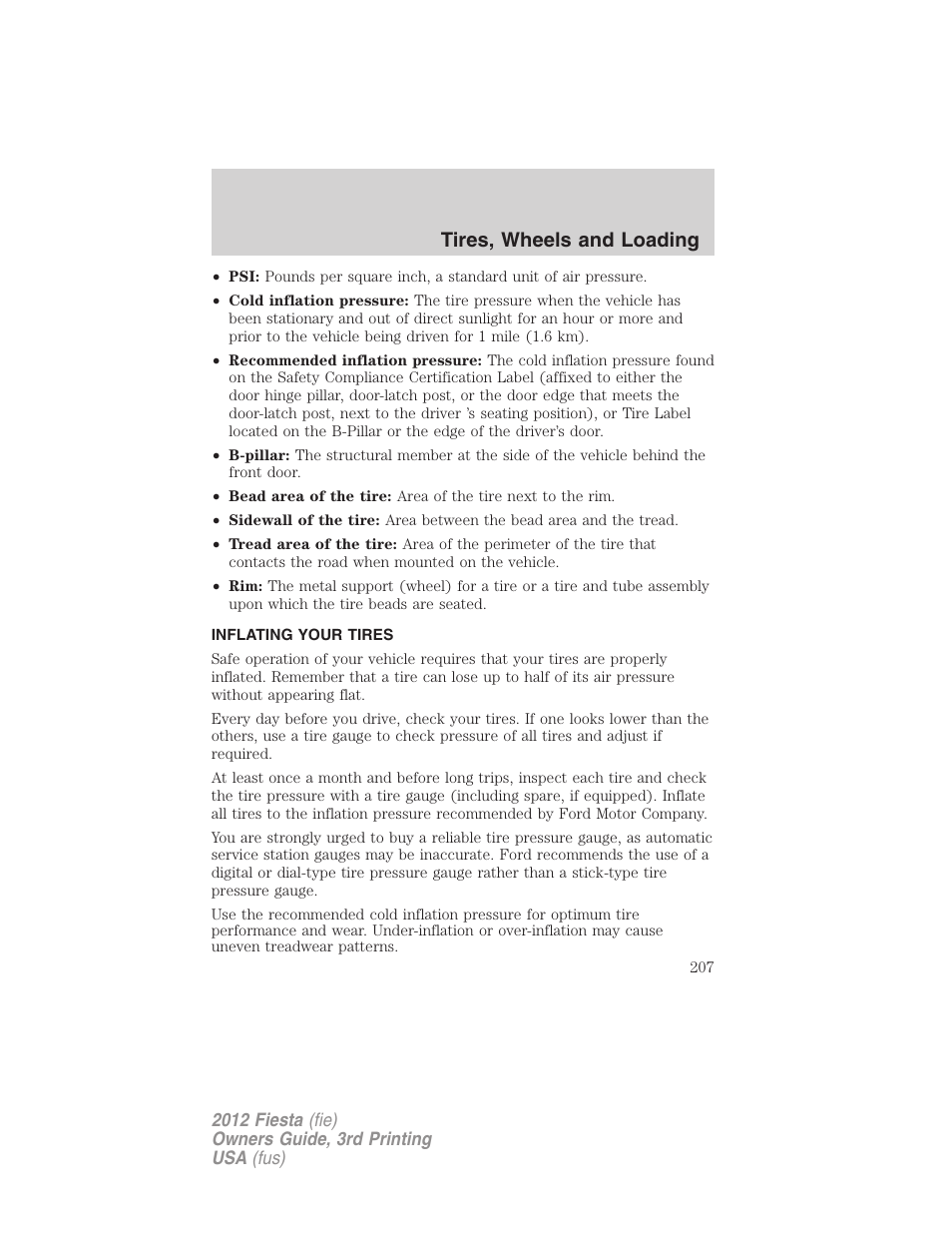 Inflating your tires, Tire inflation, Tires, wheels and loading | FORD 2012 Fiesta v.3 User Manual | Page 207 / 360