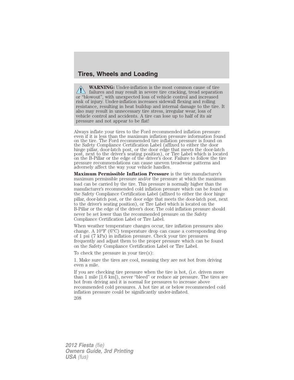 Tires, wheels and loading | FORD 2012 Fiesta v.3 User Manual | Page 208 / 360