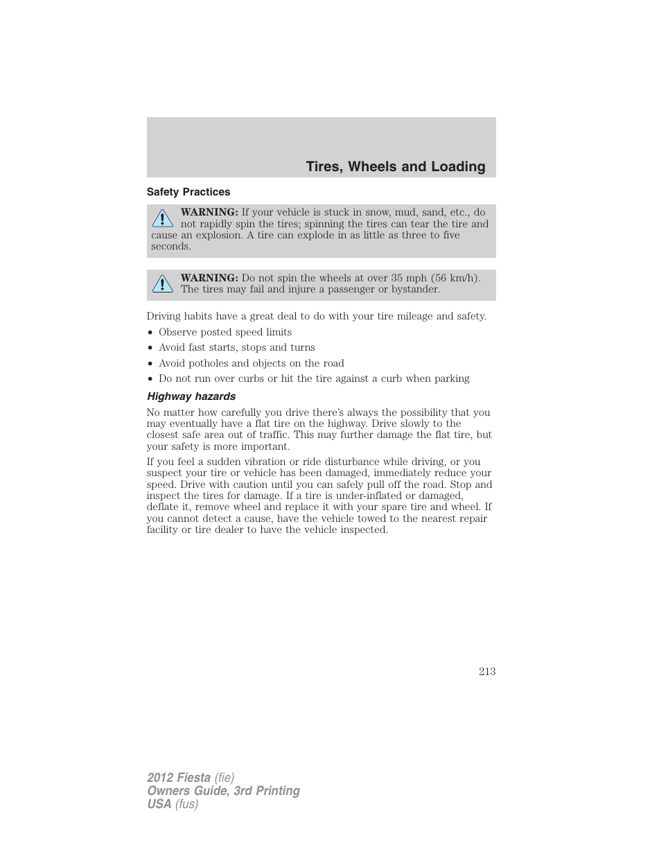 Safety practices, Highway hazards, Tires, wheels and loading | FORD 2012 Fiesta v.3 User Manual | Page 213 / 360
